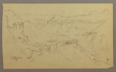 Ritning, El Yemen-dalen, Arabien: Vy över den slingrande dalen med en karavan, 20 februari 1868 av Frederic Edwin Church