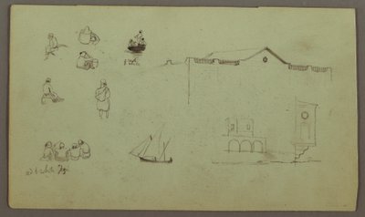 Teckning, Figurstudier, Segelbåt, Arkitekturstudier, möjligen 1868 av Frederic Edwin Church