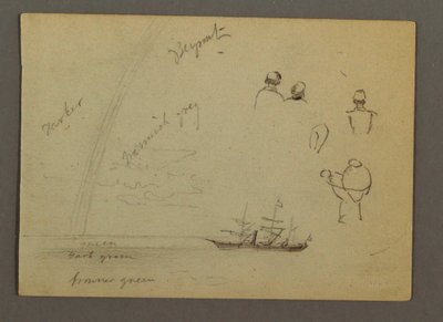Teckning, Figurstudier, Segelfartyg, Regnbåge, möjligen 1868 av Frederic Edwin Church