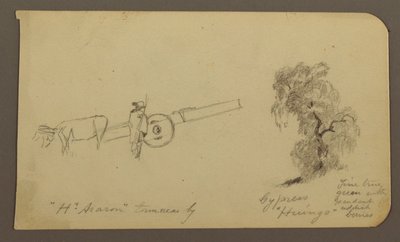 Teckning, Figur och oxkärra, Cypresser; Verso: Vy över Cuitzeosjön, januari 1885 av Frederic Edwin Church