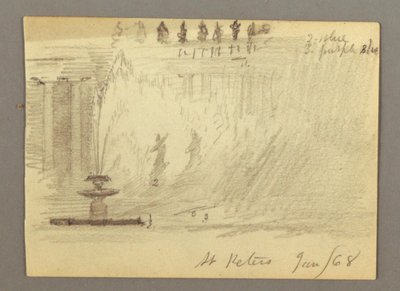 Teckning, Fontän på Piazza vid Peterskyrkan, Rom, Italien, januari 1868 av Frederic Edwin Church