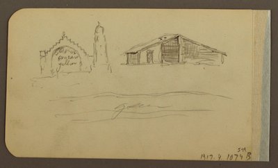 Teckning, Trädgård, Hus, Cuautla; Verso: Kyrka, Ladugård, Cuautla, februari 1885 av Frederic Edwin Church