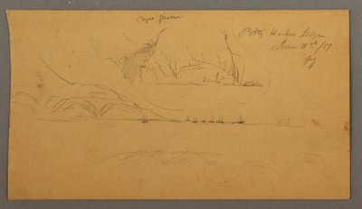 Teckning, Hamn, Segelbåtar, Berg, 21 juni 1859 av Frederic Edwin Church