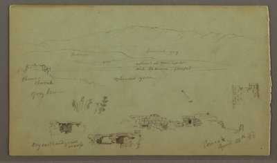 Ritning, bergskedja över slätt, ruiner, 28 april 1868 av Frederic Edwin Church