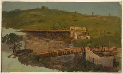 Teckning, kulle med viadukter och kvarnruiner, nära Catskill, New York, ca 1865 av Frederic Edwin Church