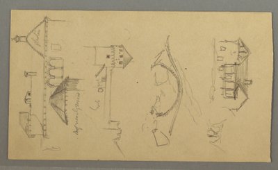 Ritning, Hus, bro, slott, hustak, augusti 1868 av Frederic Edwin Church