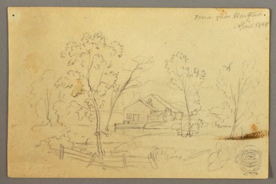 Teckning, Hus i skogen vid en bäck, april 1845 av Frederic Edwin Church