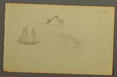 Ritning, Hus, segelbåt, växt, september 1844 av Frederic Edwin Church