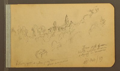 Ritning, hus, torn, 23 februari 1889 av Frederic Edwin Church