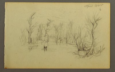 Teckning, Htakie () Pond, två personer i kanot, 1845 av Frederic Edwin Church