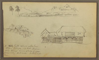 Teckning, Landskap, Trädkronor, hus, 1857 av Frederic Edwin Church