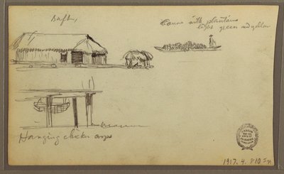 Teckning, Landskap; Averso: Hus, Kanot, 1857 av Frederic Edwin Church