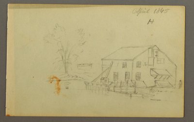 Ritning, Loftbyggnad med kaj vid vattendrag, 1845 av Frederic Edwin Church