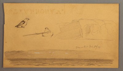 Teckning, Man i båt, fågel, klippor, kust, 6 juli 1859 av Frederic Edwin Church