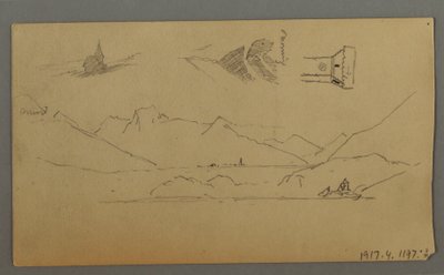 Teckning, medeltida slott, två torn, figurstudier, nära Thun, möjligen 1868 av Frederic Edwin Church