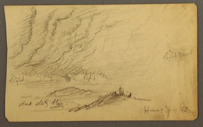 Teckning, Dimma över flod och kullar, juni 1882 av Frederic Edwin Church