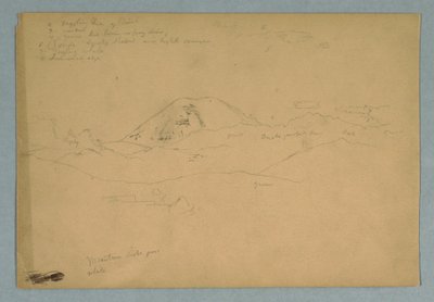 Teckning, bergstopp, möjligen Chimborazo, som reser sig över tre på varandra följande bergskedjor, Ecuador, 1857 av Frederic Edwin Church