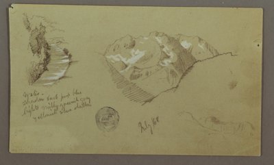 Teckning, bergstoppar, flod, juli 1868 av Frederic Edwin Church