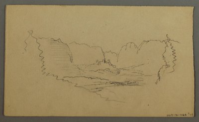 Teckning, bergstoppar, vägkantshelgedom, augusti 1868 av Frederic Edwin Church