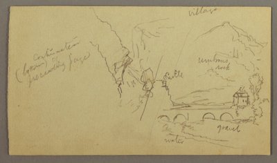 Teckning, Bergsdal, Bro, Byggnader, möjligen 1868-69 av Frederic Edwin Church