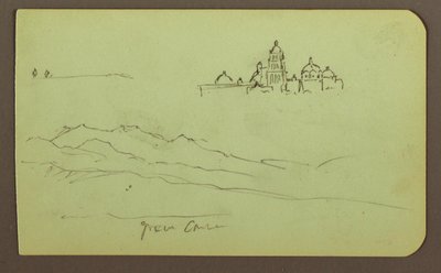 Teckning, Berg, Kyrka; Verso: Figurer, Kyrka, 1883 av Frederic Edwin Church