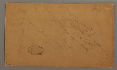 Teckning, Berg reser sig över sjö, juli möjligen 1868 av Frederic Edwin Church