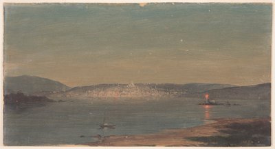 Teckning, Nattvy av en hamnstad, troligen 1868-69 av Frederic Edwin Church