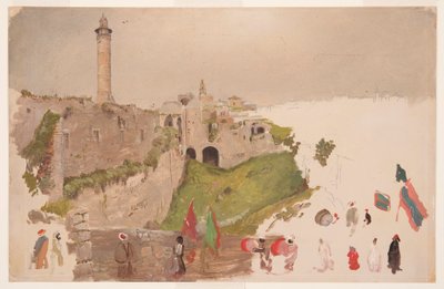 Teckning, parad på väg in i staden, Jaffa, början av mars 1868 av Frederic Edwin Church