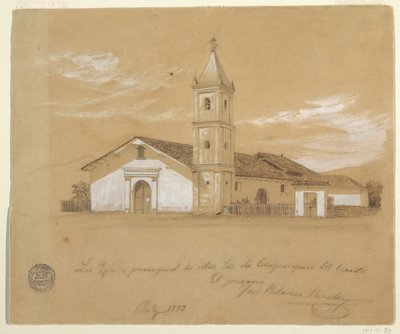 Ritning, församlingskyrkan Our Lady of Chiquinquira del Cerrito,Chiquinquira, Colombia, juli 1853 av Frederic Edwin Church