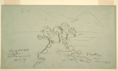 Ritning, Del av gammal mur vid Paestum, olivträd växer på den, april 1869 av Frederic Edwin Church