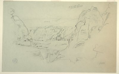 Teckning, Petra, Jordanien från väster, med palatset och de korintiska gravarna, 26 februari 1868 av Frederic Edwin Church