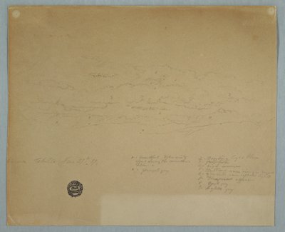 Teckning, Regn som faller från en molnig himmel över bergsryggar, Hacienda Chillo, Ecuador, 27 juli 1857 av Frederic Edwin Church