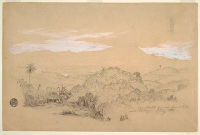 Teckning, Minnen av en utsikt från en kulle nära Cartago, Colombia med en kvinna som bär en vattenkanna på huvudet, juli 1853 av Frederic Edwin Church