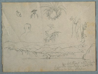 Teckning, flodbank med berg och moln, tre botaniska skisser och byststudier av män med hattar, 1853 av Frederic Edwin Church