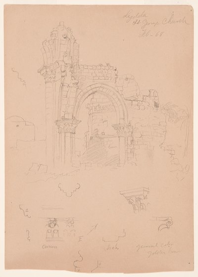 Ritning, Ruinerna av St. George-kyrkan, Lydda [nuvarande Lod], 7 februari 1868 av Frederic Edwin Church