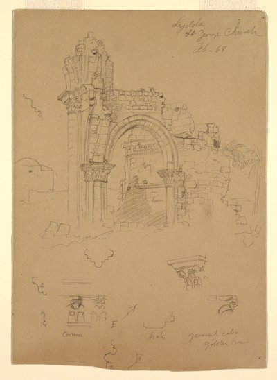 Ritning, Ruinerna av S:t George-kyrkan, Lydda [nuvarande Lod], 7 februari 1868 av Frederic Edwin Church