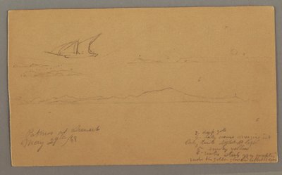 Teckning, Segelfartyg, Bergig kust, Öar, 29 maj 1868 av Frederic Edwin Church