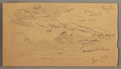 Teckning, Skarpa bergstoppar, molnig himmel, juni 1874 av Frederic Edwin Church