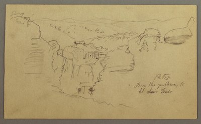 Teckning, Skiss. Vy över Khirbet en Wasara "Petra / från gångvägen till / El Deir", möjligen 1868, 26 februari av Frederic Edwin Church