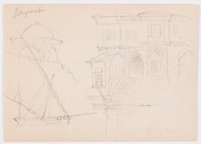 Teckning, Skisser av en kupolbyggnad, ett skepp och ett ståtligt hus, januari 1868 av Frederic Edwin Church