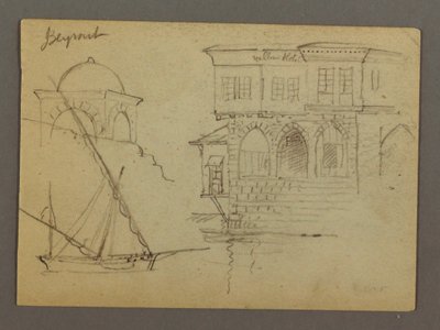 Teckning, Skisser av en kupolbyggnad, ett skepp och ett ståtligt hus, januari 1868 av Frederic Edwin Church