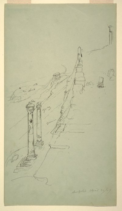 Teckning, södra sidan av Akropolis, Aten från öster, 20 april 1869 av Frederic Edwin Church