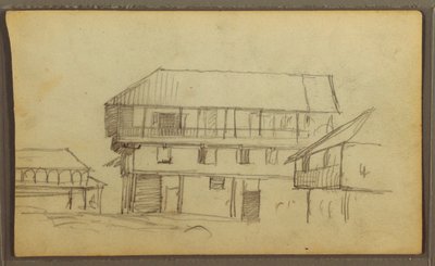 Teckning, gathörn i Guaquil, Ecuador; Verso: Botaniska skisser, hus, Ecuador eller Colombia, 1857 av Frederic Edwin Church