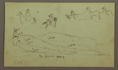 Teckning, Studier av figurer på åsnor och åsnor, figur på bergskedja, möjligen 1868 av Frederic Edwin Church