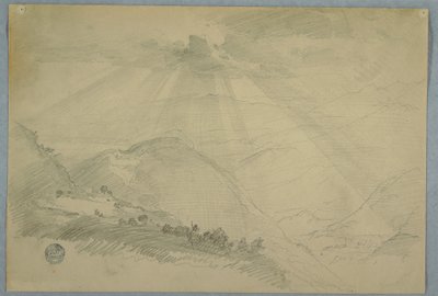 Teckning, Solen bryter igenom molnen över en bergsdal, Jamaica, juli 1865 av Frederic Edwin Church