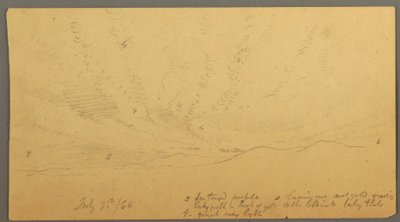 Teckning, Solnedgång över kullar, 9 juli 1866 av Frederic Edwin Church