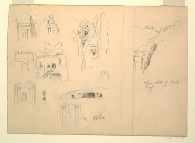 Teckning, Tio studier av gravar och en vy över klippor, Petra, Jordanien, 26 februari 1868 av Frederic Edwin Church