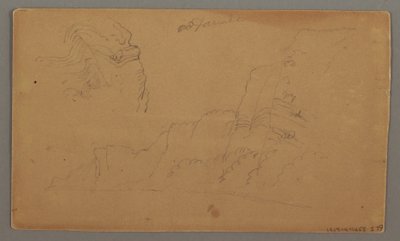 Ritning, timmerhus, två segelbåtar, takstudier, möjligen 1868 av Frederic Edwin Church