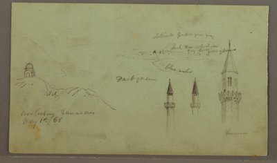 Ritning, Grav på en kulle, tre minareter, 1 maj 1868 av Frederic Edwin Church