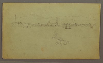 Teckning, Stad vid kusten, bergskedja bakom, 27 maj 1868 av Frederic Edwin Church